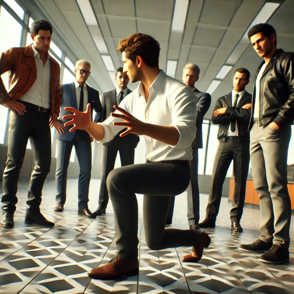 DALL·E 2024-10-15 17.46.24 - A scene showing a man instructing two other men, indoors in a professional setting. One of the men is wearing a white shirt and appears to be demonstr