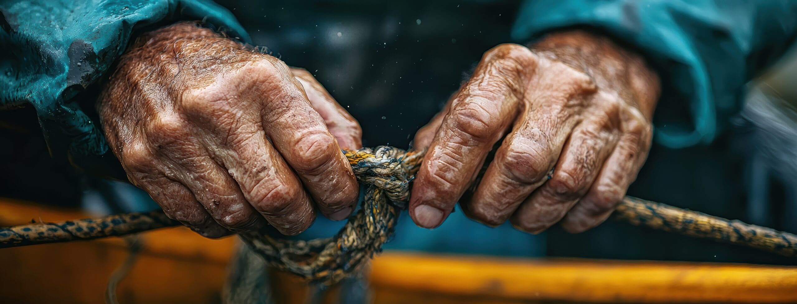 Expert hands gripping rope, showcasing skill of fisherman. weathered skin reflects years of experience and dedication to craft