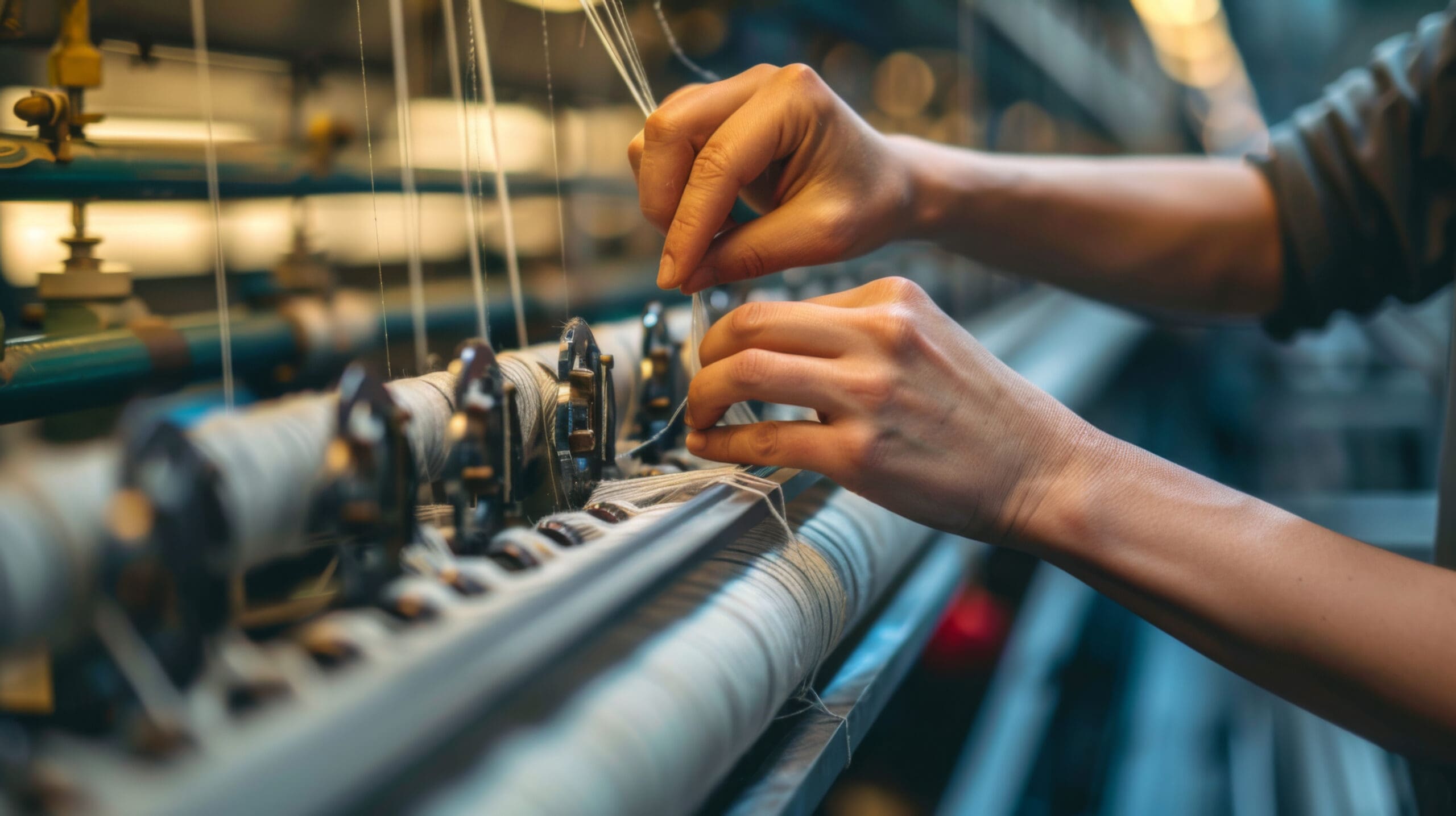Focused image of a textile worker’s hands adjusting threads on textile manufacturing machinery, capturing the detail and precision required.