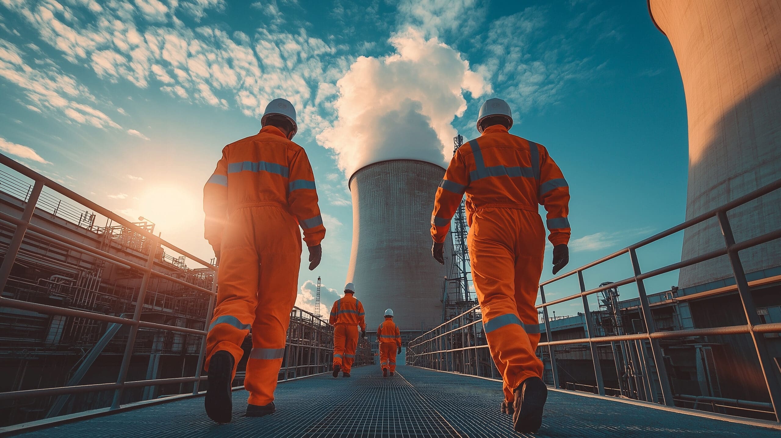 Nuclear power plant workers in orange uniforms walk along a walkway towards a large cooling tower, with dramatic clouds and sunlight illuminating the setting.